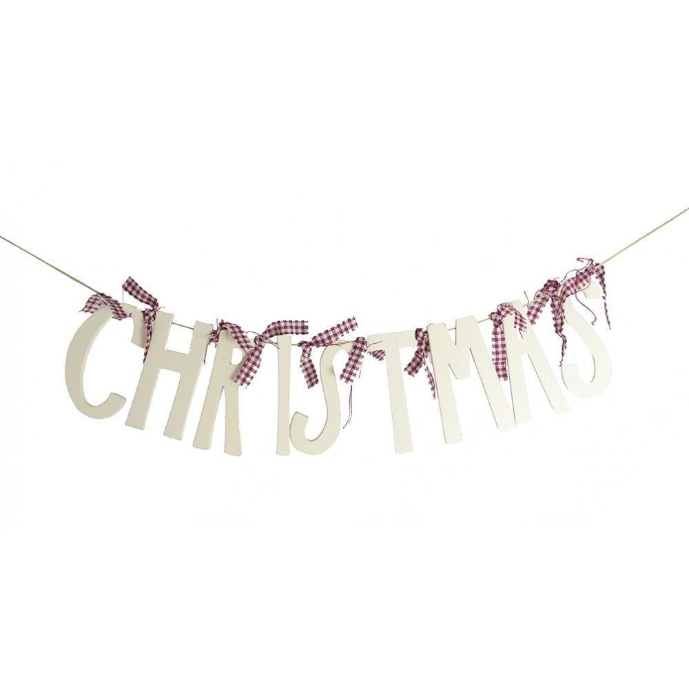 NEW CHRISTMAS Lettered Wood Banner Garland Gingham Ribbon Farmhouse